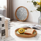 Round Rattan Tray with Mother of Pearl Inlay, Decorative Basket with Wooden Base, Woven Tray for Kitchen Island Decor, Table Decor, Storage and Display of Food (Checkerboard, 13.8") - Image 5