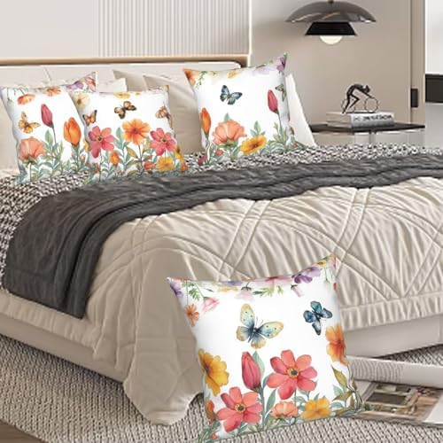4 Pcs/Set Floral Pillow Covers Pink Flowers Green Leaves Colorful Butterflies Nature Plants Rustic Farmhouse Decor Throw Pillow Covers for Outdoor Home Couch Sofa Bedroom, 26"x26" - Image 3