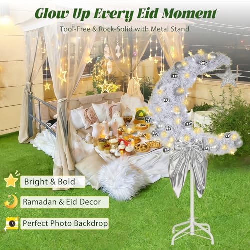 3 FT Eid Ramadan Moon Tree, Lighted Crescent Artificial Tree with LED Star String, Garden Decor Outdoor Lights,Islamic Decoration for Garden, Indoor, Home, Party Decor(Silver) - Image 5