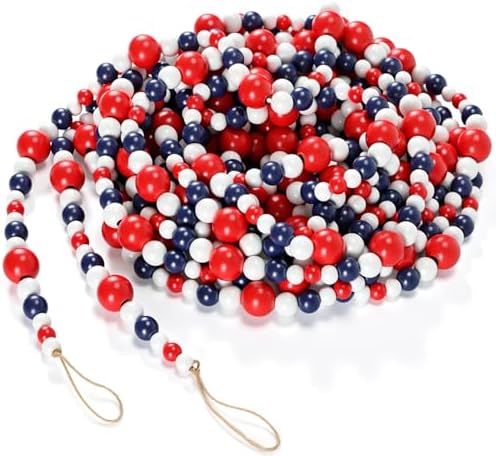 Giegxin 1 Pcs 32.8 ft 4th of July Wooden Bead Garland Patriotic Hanging Garland Farmhouse Beads Decor for Independence Day Mantel Table Party Wall Home Decorations (Blue,Red,White) by Giegxin
