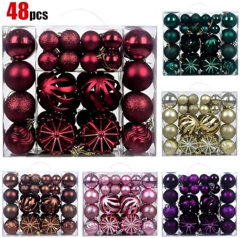 Christmas Tree Balls Ornaments Set, 48 Pcs Shatterproof Plastic Decorative Baubles Shiny Hanging Ball Ornaments for Xmas Tree Holiday Party Wedding Decoration, Wine Red - Image 3