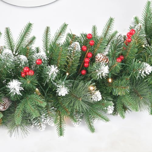 9Ft Artificial Christmas Garland with 50 Lights, Xmas Holiday Decoration Snow Flocked Artificial Garland with Pinecones Berries for Stairs Fireplaces Wall Door for Stairs - Image 5