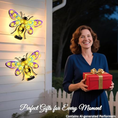 2 Pack Metal Bee Outdoor Wall Decor with 30 Led Solar Lights Decorative - Image 4