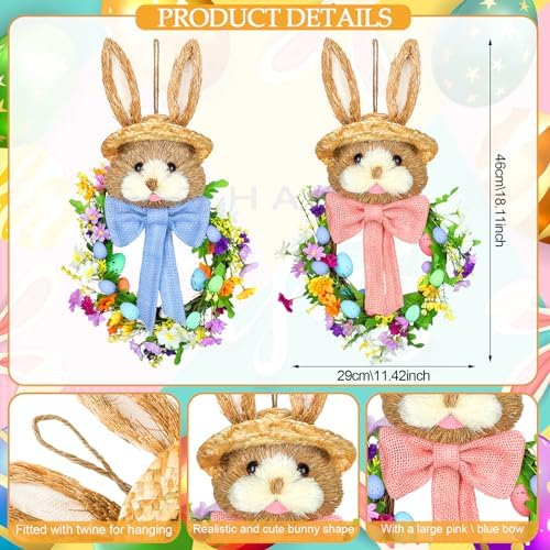Zeyune 2 Pcs 18.1"x 11.4" Easter Bunny Wreath with Colorful Eggs Artificial Easter Wreath Mixed Flowers Green Leaves Hanging Bunny Shaped with Straw Hat and Bow for Front Door Wall(Bow Bunny) - Image 2