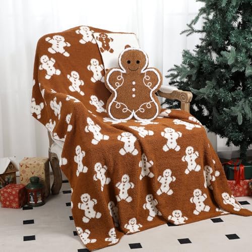 FuWeave Christmas Gingerbread Man Throw Blankets Pillow Set Include Double Sided Flannel Blanket 50 x 60 Inch and Gingerbread Man Plush Throw Pillows Cushion for Home Family Couch Sofa Bed Decorations by FuWeave