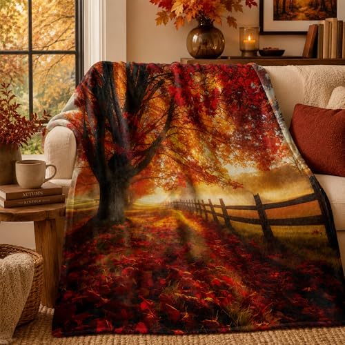 Red Maple Forest Flannel Blanket, 80X60in by Paopoed