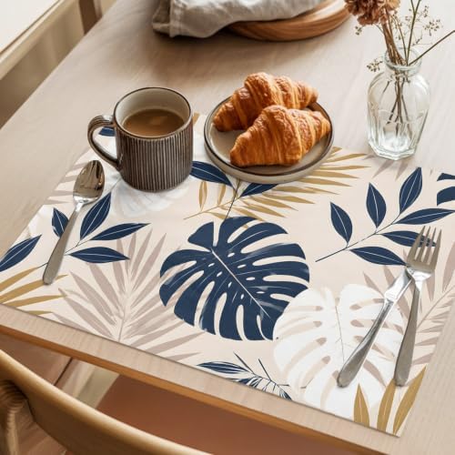 Tropical Leaves Placemats Set of 8,Cotton Linen Fabric Place Mats,Summer Farmhouse Botanical Leaf Branches Washable Decorative Table Mats Protector for Home Kitchen Dining Wedding Party Coffee Tables - Image 3