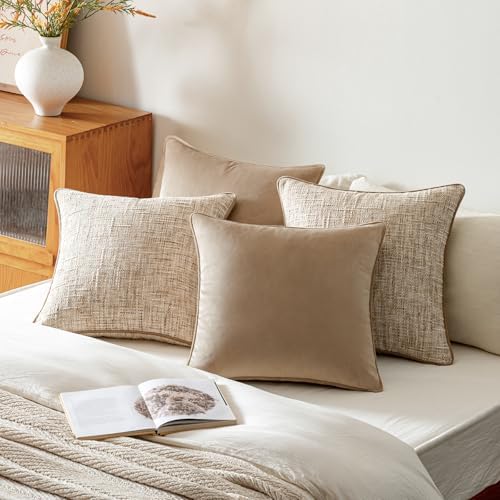 a moment Khaki 4 Pack Throw Pillow Covers - Chenille & Velvet Set with Piping, Farmhouse Textured Design Pillow Cases for Couch Sofa Bed Livingroom (22x22 Inch, No Insert) - Image 5