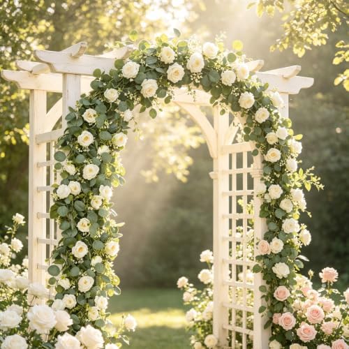 5Pcs 6Ft Artificial Eucalyptus Garland with White Roses Home Decoration - Image 2