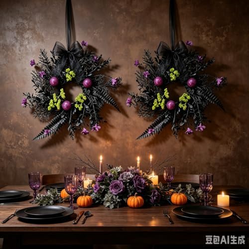 6 Pcs Black Fern Purple Flower Halloween Mini Candle Ring Wreaths with Green Berry Purple Glitter Baubles Gothic Artificial Pillar Candle Holder Wreath for Spooky Dark Home Table Fireplace Decoration - Image 4