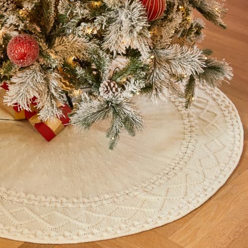 36 Inch White Knitted Christmas Tree Skirt Small Thick Cable Knit Round Cream for 4ft 5ft Tree Rustic Farmhouse Neutral Christmas Decor Tree Base Cover Xmas Home Decor (White-02) - Image 5