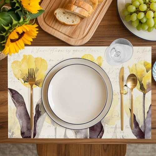 Yellow Tulip Placemats Set of 6, Rustic Floral Brown Leaves Butterfly Vintage Beige Placemats for Dining Table Place Mats for Kitchen Table Waterproof Table Mats, Wipeable Dining Table Set - Image 7