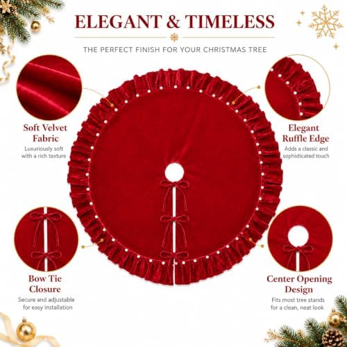 Red Velvet Christmas Tree Skirt with Ruffled Edge&Pearl,60" - Image 7
