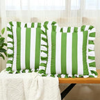 vctops Ruffle Square Throw Pillow Covers Boho Pink and Red Striped Decorative Pillowcases Set of 2, Soft Velvet Accent Cushion Cover Cases for Sofa Bed Living Room Decor (Green White,18"x18") by vctops