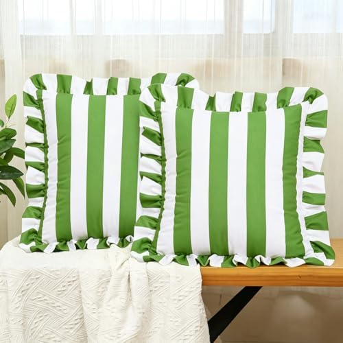 vctops Ruffle Square Throw Pillow Covers Boho Pink and Red Striped Decorative Pillowcases Set of 2, Soft Velvet Accent Cushion Cover Cases for Sofa Bed Living Room Decor (Green White,18"x18") by vctops