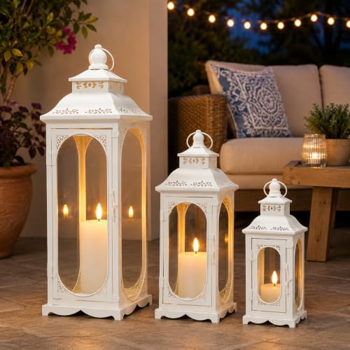 TRIROCKS Set of 3 Vintage Candle Lanterns 10/14/19.5'' High Decorative Outdoor Lantern Metal Candle Holder with Tempered Glass for Home Living Room Garden Yard Parties Events Indoors Outdoors (White) - Image 3