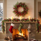 24" Christmas Wreaths for Front Door with Norfolk Pine Xmas Needle Red Berry for Winter Holiday Window Porch Wall Indoors Outdoor - Image 5