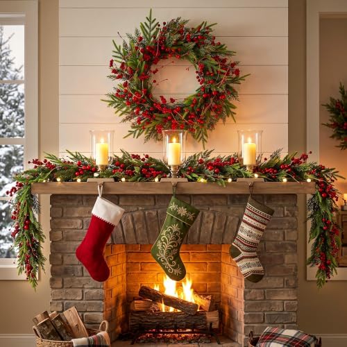 24" Christmas Wreaths for Front Door with Norfolk Pine Xmas Needle Red Berry for Winter Holiday Window Porch Wall Indoors Outdoor - Image 5