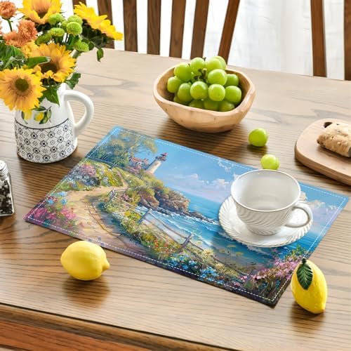 Lighthouse Placemats Set of 6 Beach Coastle Table Mats Blue Ocean Place Mats Decor Imitation Linen Heat Resistant ablecloth for Dining Decoration Kitchen Party Restaurants 12''x18'' - Image 2
