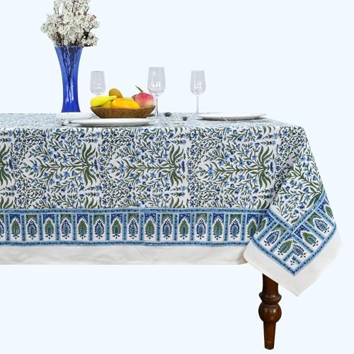 72x135 Inches Rectangle Hand Block Printed Cotton Tablecloth, Blue Green Floral Table Cloths Washable, Indian Table Linen for Halloween Christmas Outdoor Thanksgiving Gifts Home Decor Dinning Outdoor by HomeSpunCrafts