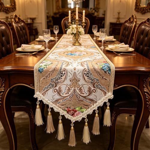 Luxury Vintage Thick Table Runner Champagne Chenille 3D Floral Jacquard 48" - Image 2