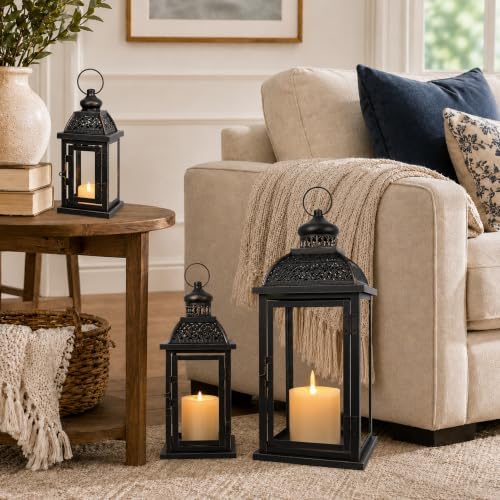 Lanterns Decorative Indoor&Outdoor, 19’’&14’’&10’’ Extra Large Metal Candle Lanterns, Vintage Candle Holders Farmhouse Shelf Wedding Front Porch Patio Decor, Christmas Halloween Decorations for Home - Image 6