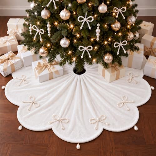 Fanfanwin 48 Inches Velvet Christmas Tree Skirt with Pearl Bow,White - Image 3