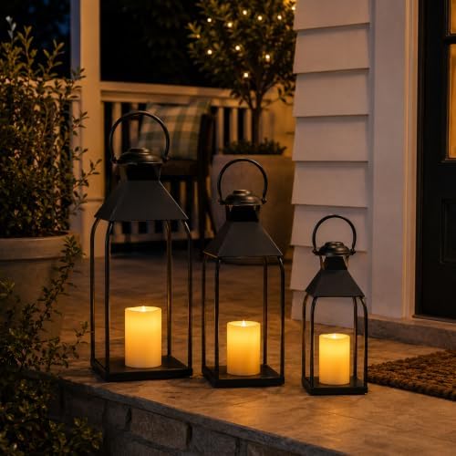 20" 15.7" 12" Lanterns Decorative Indoor Outdoor, Black Metal Set of 3 - Image 7