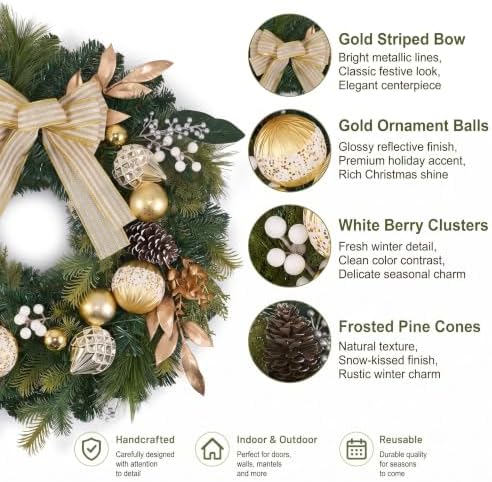 DecorbyHannah 24" Prelit Christmas Wreath for Front Door with Light (Gold) - Image 3