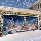 Christmas Garage Door Banner for Outdoor Decorations – Cartoon Christmas Tree with Gifts, Snow Village Background, Holiday Winter Wonderland Scene – Large Garage Mural Cover for Home Xmas Decor - Image 3