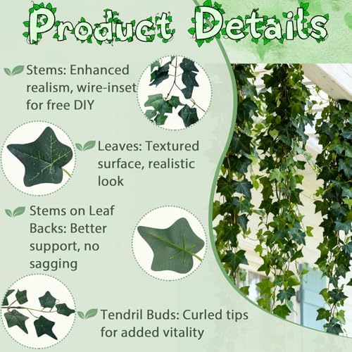 ucky Green Ivy Vines Total 24FT 4 Pack Artificial Plant Silk Fake for Wall Hanging Decor Greenery Ceiling Decor Home Decor Outdoor Decor Wedding Decoration Vines Aesthetic Room Decor （Green） - Image 3