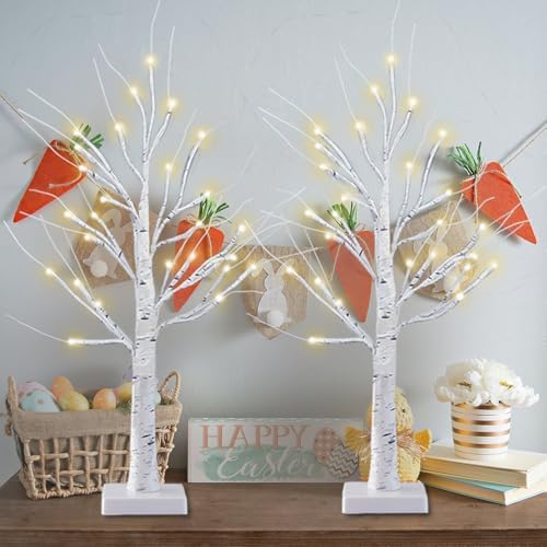 2 Pack 2FT Lighted Birch Tree with Timer for Christmas Decorations Indoor by SANJICHA