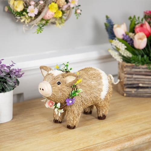 Northlight Boy Piglet with Floral Wreath Spring Figurine - 10.25" - Brown and Beige - Image 3
