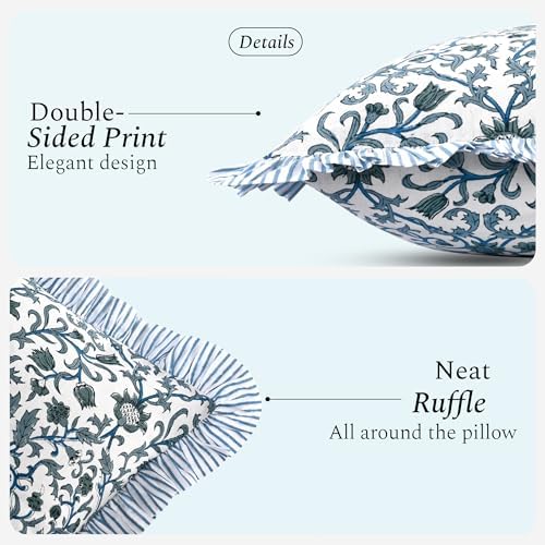 CPC Ocean Vine Hand Block Print 100% Cotton Ruffle Throw Pillow Cover 24x24 inch with Hidden Zipper Decorative for Couch, Bed, Sofa, Farmhouse, Cottagecore Decor Gift Christmas Fall Thanksgiving - Image 2