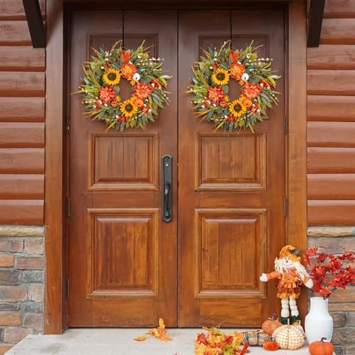 Fall Wreaths for Front Door 24 Inch Fall Wreath with Pumpkins, Sunflowers & Berries – Outdoor Autumn Wreath for Porch, Thanksgiving, Halloween & Harvest Decor - Image 4