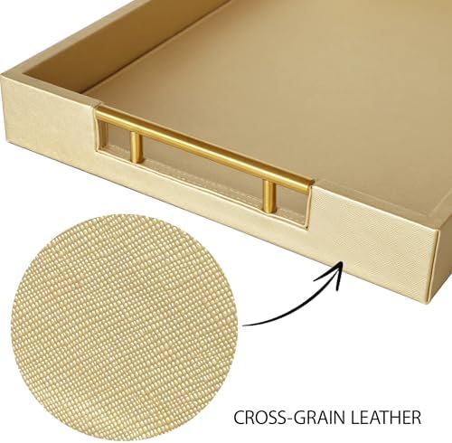 HofferRuffer Faux Leather Serving Tray with Gold Metal Handles, Stylish Decorative Tray Organizer for Coffee Table, Ottoman, Home Decor and Serving (Gold, 16.2" x 12.2" x 2") - Image 3