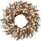 Handmade Fall Wreath for Front Door, 24 Inch Autumn Wreath with Eucalyptus Leaves & Cream White Flowers, Grapevine Wreath, Rustic Thanksgiving Decor for Indoor Outdoor Porch Wall Home Entryway by Jalumix