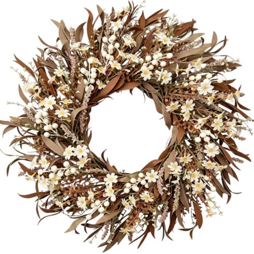 Handmade Fall Wreath for Front Door, 24 Inch Autumn Wreath with Eucalyptus Leaves & Cream White Flowers, Grapevine Wreath, Rustic Thanksgiving Decor for Indoor Outdoor Porch Wall Home Entryway by Jalumix