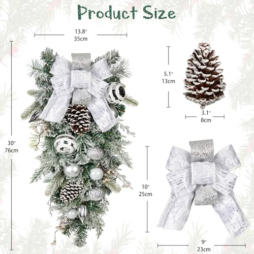 30" Christmas Teardrop Swag for Front Door Artificial Winter Swag Garland with Pine Cones, Berry Clusters, White Ball Ornaments and Ribbons for Thanksgiving Holiday Christmas Decoration - Image 2
