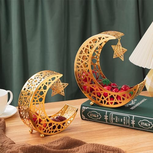 Qinyoung Ramadan Moon Star Tray, 2 Pcs Gold Metal Serving Tray, Eid Mubarak Dessert Trays, Islamic Themed Home Decoration, 2 Sizes, Sturdy, Suitable for Special Occasions by Qinyoung