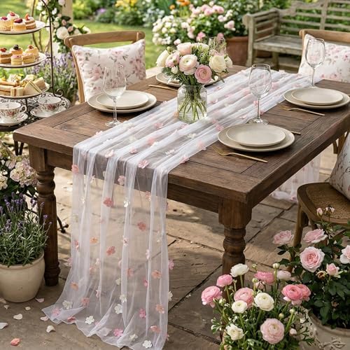 Remagr 4 Pcs 9.8 Ft Pink Flower Table Runner Embroidery Tulle Wedding by Remagr