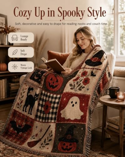 Halloween Tapestry Throw Blanket, Vintage Patchwork Woven Fringe Wall Decor - Image 4