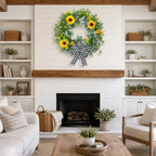 22" Sunflower Wreaths for Front Door, Rustic Summer Spring Front Door Wreath with Eucalyptus and Buffalo Plaid Bow for Indoor Outdoor Wall Window, Farmhouse Floral Wreath Decor for Porch - Image 7