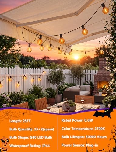 Halloween Orange String Lights, 25Ft G40 Outdoor Halloween Decorations Lights with 27 LED Shatterproof Orange Globe Bulbs, Hanging Patio Lights for Christmas Backyard Holiday Fall Party Garden Decor - Image 4