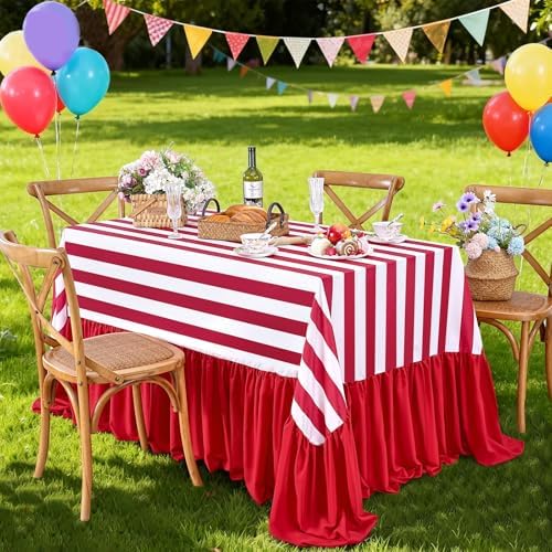 Ruffle Table Cloth Red and White Striped Tablecloth - 80 x 120 Inch Waterproof Tablecloths Rectangle Polyester Red Striped Table Cover for Birthday Wedding Picnic Baby Shower Holiday Party Decoration - Image 6