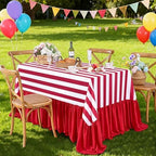 Fanqisi Ruffle Table Cloth Red and White Striped Tablecloth - 90 x 132 Inch Waterproof Tablecloths Rectangle Red Polyester Table Cover for Birthday Wedding Baby Shower Picnic Holiday Party Decoration - Image 6