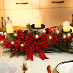 Christmas Centerpiece with 3 Candle Holders 3 LED Candles 1 String Lights Xmas Triple Candelabrum Poinsettia Red Buffalo Plaid Bow Berry Pine Cones with 3 Candle Holders for Tables Home Decorations - Image 5