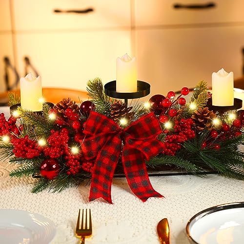 Christmas Centerpiece with 3 Candle Holders 3 LED Candles 1 String Lights Xmas Triple Candelabrum Poinsettia Red Buffalo Plaid Bow Berry Pine Cones with 3 Candle Holders for Tables Home Decorations - Image 5