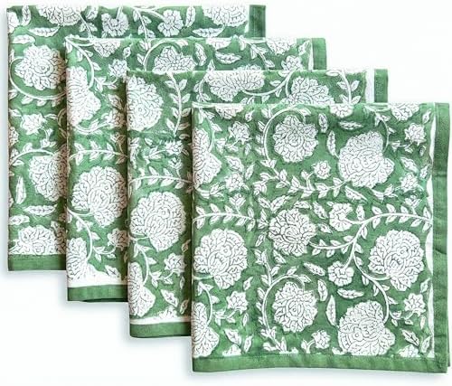 ATOSII Shalimar Green 100% Cotton Fall Cloth Designer Dinner Napkins, Handblock Print, Washable Durable Linen for Everyday Use Wedding Parties Outdoors Christmas I 20 X 20 Inches I Set of 4 by ATOSII