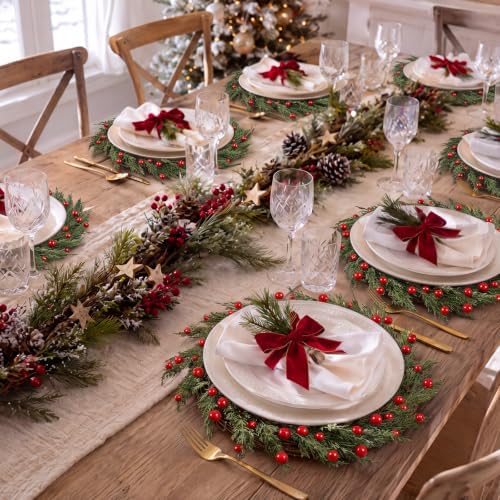 6 Pcs 20 Inch Christmas Wreath Placemats Greenery Place Mats with Berries - Image 2